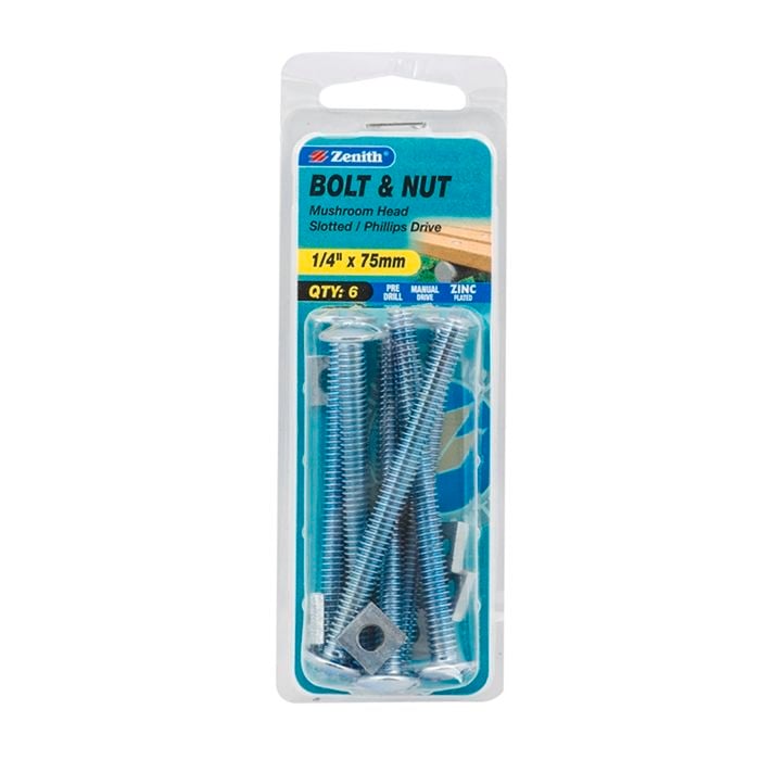 Zenith 1/4" x 75mm Zinc Plated Mushroom Head Bolt And Nut - 6 Pack