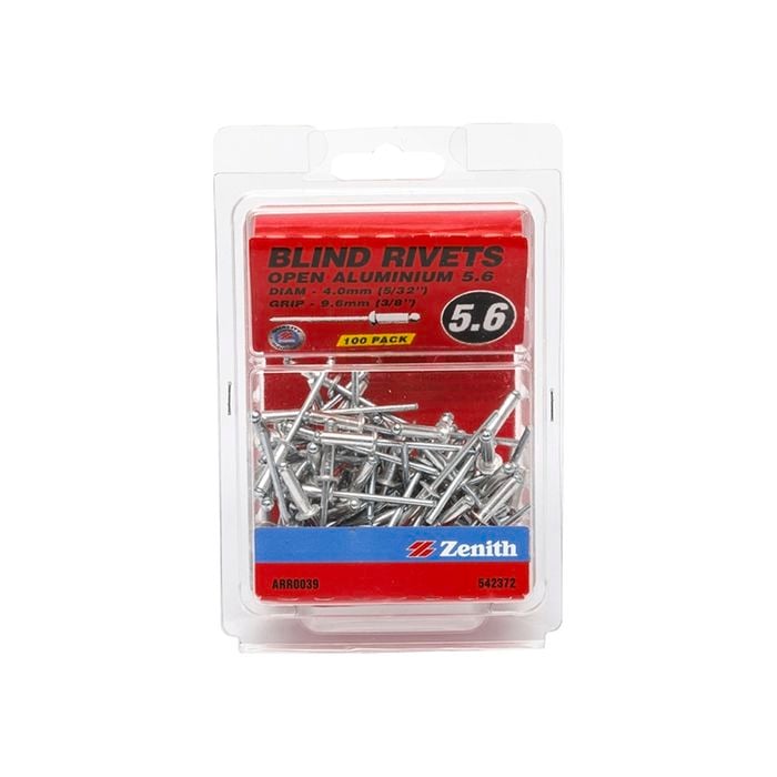 Zenith Blind Rivet Open Alum 5/32"D x 3/8"G 100pk