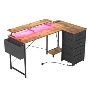Advwin 160cm L Shaped Gaming Desk with LED Lights & Power Outlets Convertible Computer Desk Walnut