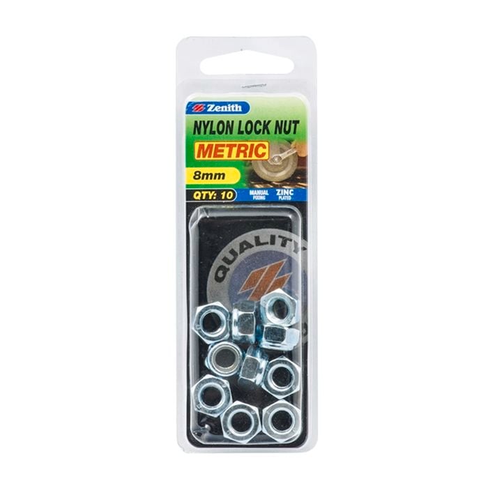 Zenith 8mm Zinc Plated Nylon Lock Nut - 10 Pack