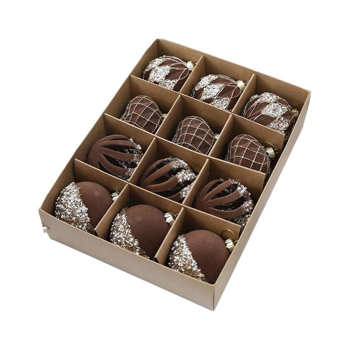 Catzon 12 Pcs Velvet Christmas Balls 6CM with Rhinestone for Holiday Party Decor-Brown