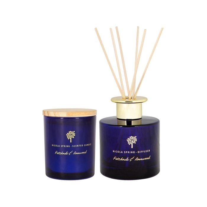 Nicola Spring Scented Candle & Reed Diffuser Set 130g - Patchouli & Rosewood - Sweet Creamy Scent Long Burn