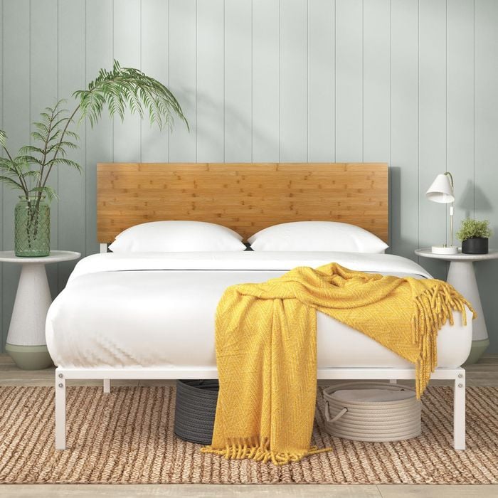 Zinus Single Figari Bed Frame Bamboo & Metal Bed Base Adjustable Headboard - White