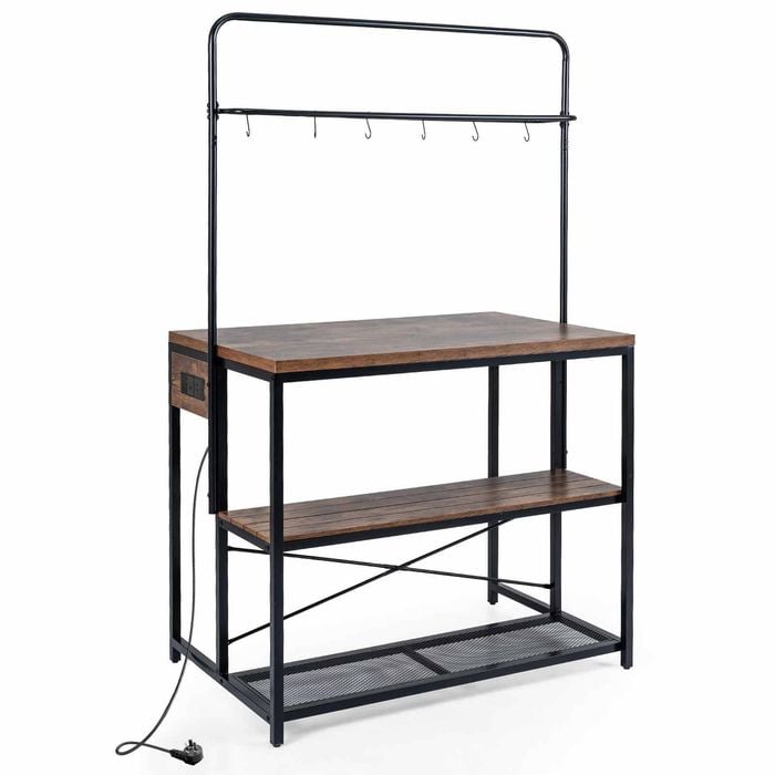 Costway Kitchen Island Power Outlet Coffee Bar Dining Table Bakers Rack