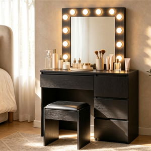 Oikiture Dressing Table with 12 LED Bulbs 4 Drawers and Stool Black
