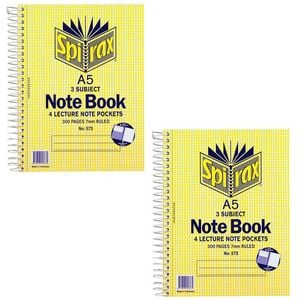 2x Spirax No.572 A5 3 Subject School/uni 300 Pages Notebook 21cm W/ Note Pockets