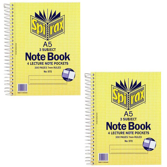 2x Spirax No.572 A5 3 Subject School/uni 300 Pages Notebook 21cm W/ Note Pockets