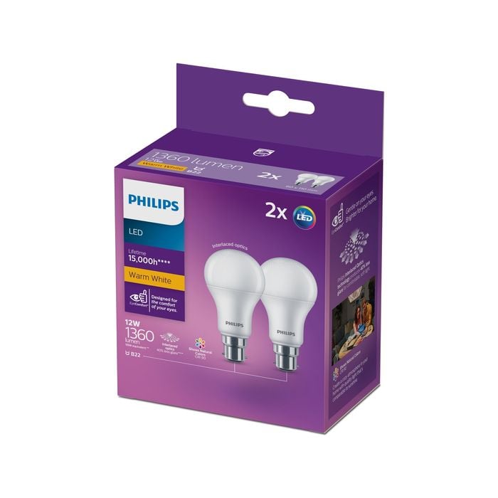 Philips A60 B22  LED 1360lm Warm White 12W Globe - 2 Pack