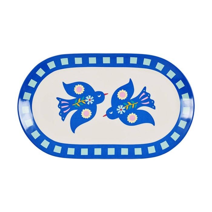 Annabel Trends Blue & White Ceramic Serving Platter W/ Fiesta Birds 40.5x22.5cm