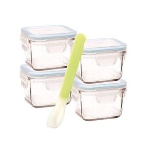 5 Piece Baby Food Container Set Square With Silicone Spoon 210ml 8.2x8.2x5.7cm Glasslock