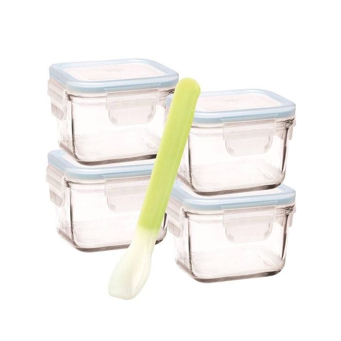 5 Piece Baby Food Container Set Square With Silicone Spoon 210ml 8.2x8.2x5.7cm Glasslock
