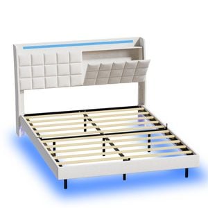 Ufurniture Upholstered Floating Bed Frame with LED Lights and Storage Headboard Queen Size Beige