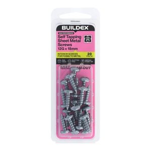 Buildex 12G x 18mm Zinc Plated Self Tapping Sheet Metal Screws - 20 Pack