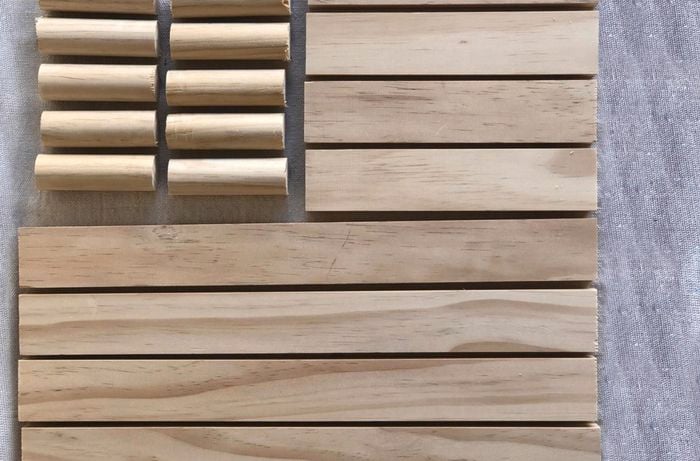 Pine boards and dowel cut to various lengths