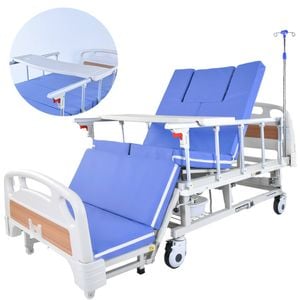EQUIPMED 7 Function Medical Bed, w/ Mattress & Over Bed Table, Adjustable Back and Leg Lifting, Lateral Tilting, Commode Bowl