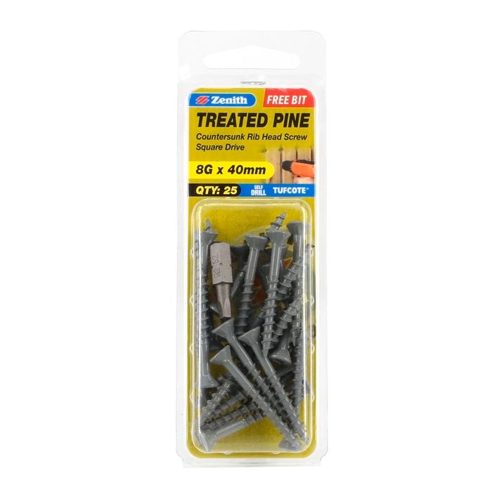 Zenith 8G x 40mm Tufcote® Countersunk Rib Head Treated Pine Screws - 25 Pack