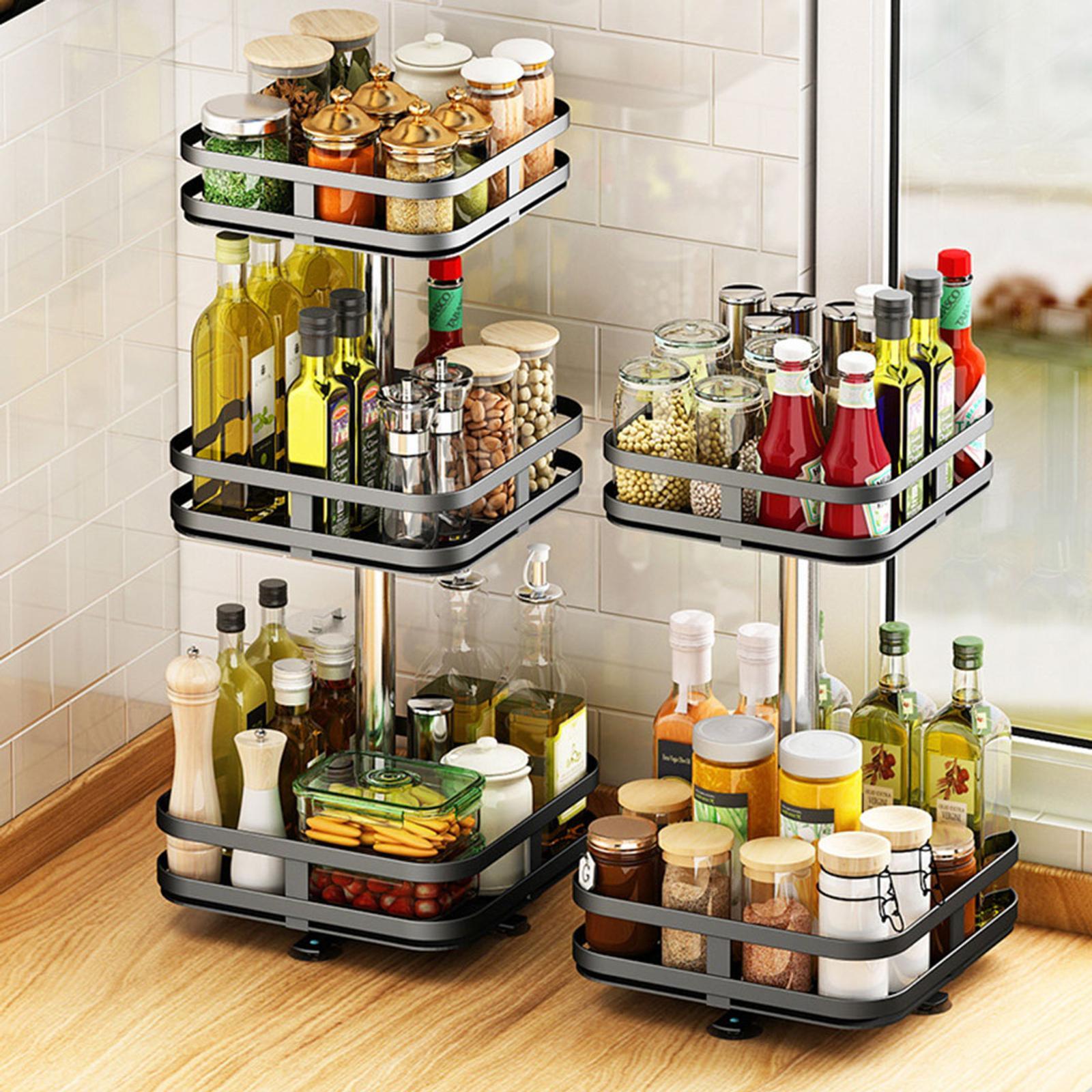 SOGA 3 Tier Steel Black Square Rotating Multi Function Kitchen Organiser Bunnings Australia