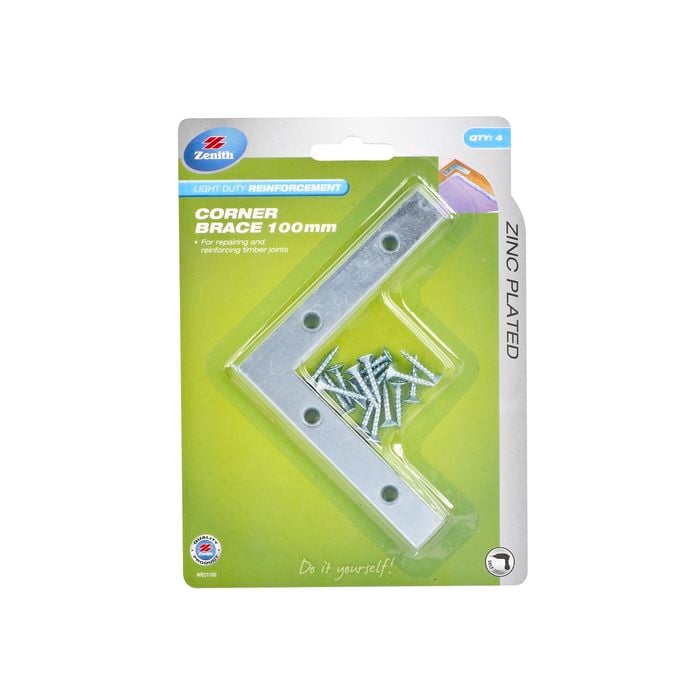 Zenith 100mm Zinc Plated Corner Brace Bracket - 4 Pack