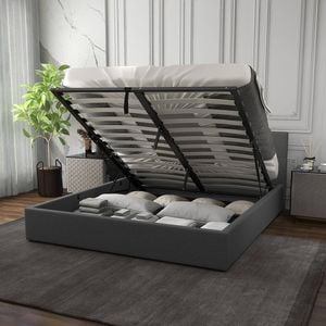 King Single Gas Lift Bed Frame with Headboard - Grey Storage Base Grey King Single