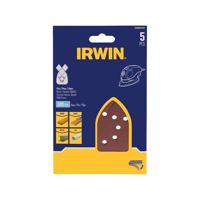 IRWIN 100 x 135mm 180 Grit Mouse Sanding Sheets - 5 Pack