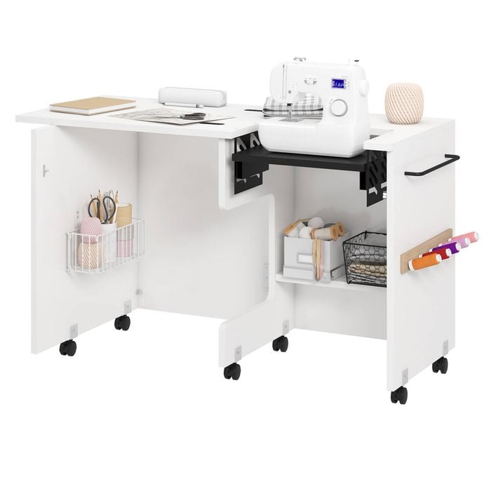 Advwin Folding Sewing Table with Adjustable Platform Lockable Wheels Thread Rack Storage Bin Shelf White