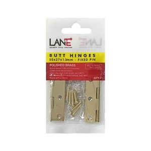 Lane 50 x 27 x 1.3mm Brass Fixed Pin Butt Hinge - 2 Pack