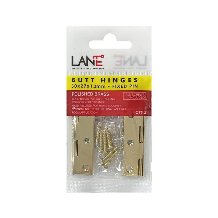 Lane 50 x 27 x 1.3mm Brass Fixed Pin Butt Hinge - 2 Pack