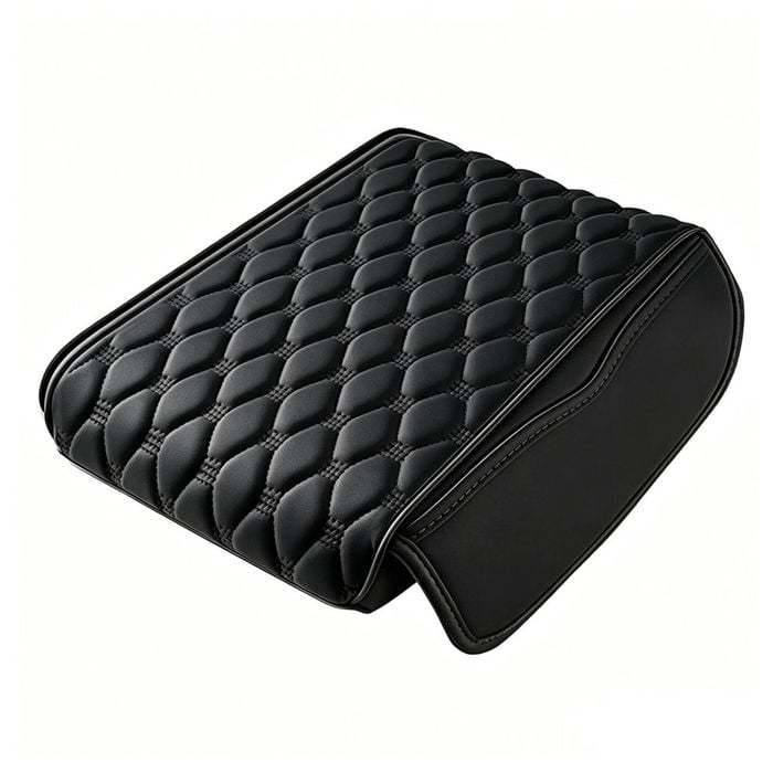 Catzon Car Armrest Cover Leather Cushion With Storage Pocket-black(s）