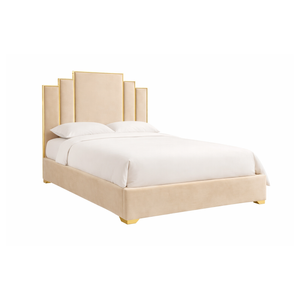 Elegant Collections Queen Beige Velvet Bed Frame with Gold Trim