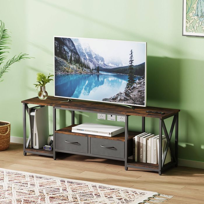 Ufurniture TV Cabinet 140cm Entertainment Unit with 2 Drawer Industrial Walnut