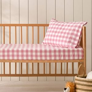 Dreamaker Baby Lola Washed Cotton Yarn Dyed Gingham Fitted Sheet Set Pink Pearl Large Cot