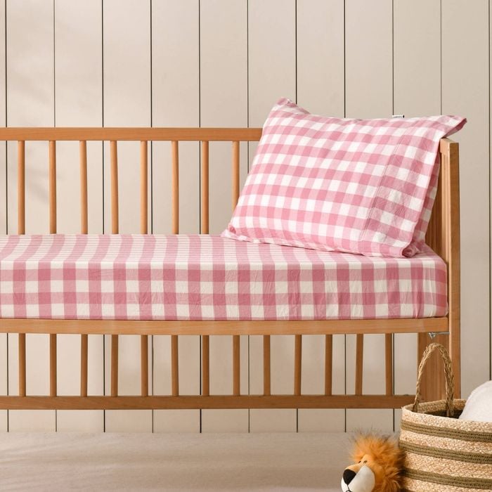 Dreamaker Baby Lola Washed Cotton Yarn Dyed Gingham Fitted Sheet Set Pink Pearl Large Cot