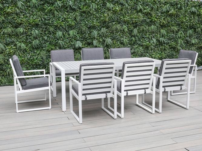 An aluminium outdoor dining setting with eight chairs and a table