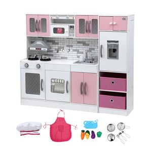 Keezi Kids Kitchen Playset 2-Piece Wooden Pretend Play Coffee Maker Toy Pink and White