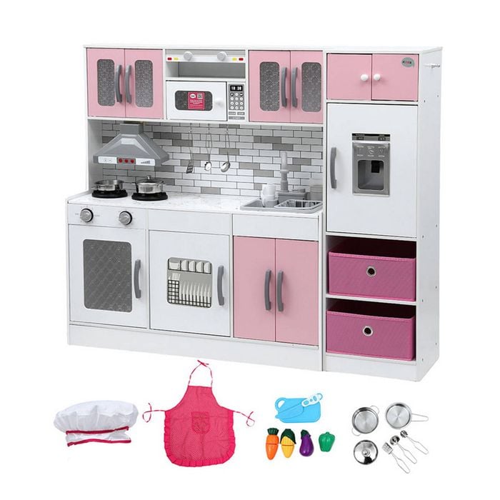 Keezi Kids Kitchen Playset 2-Piece Wooden Pretend Play Coffee Maker Toy Pink and White