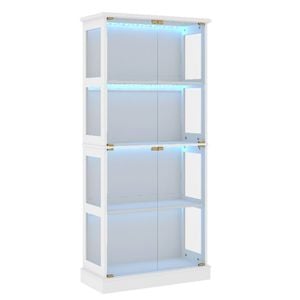 Display Cabinet 4 - Tier Shelves Storage LED Light Bookcase Stand Rack kitchen