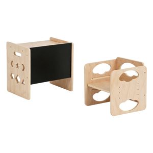 Ufurniture Toddler Table and Chair Set Wooden Kids Seat and Desk Step Stools with Blackboard Montessori Weaning Table Natural
