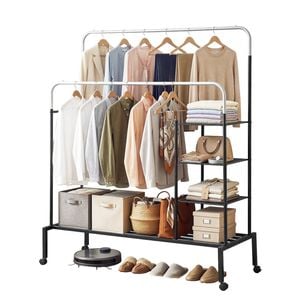 Artiss Clothes Rack Hanging Rail Wheels 2 Rod Storage Shelf