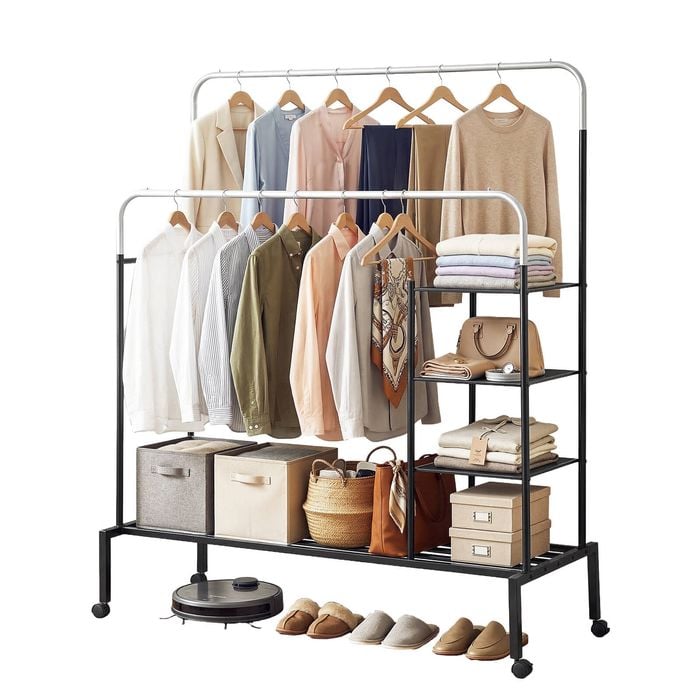 Artiss Clothes Rack Hanging Rail Wheels 2 Rod Storage Shelf