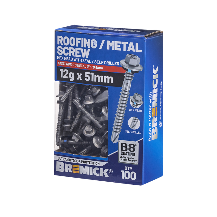 Bremick Hex Roofing Screw 12g x 51mm B8 BOX 100