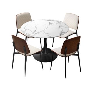 Oikiture Dining Table Set 90cm Round Dining Table and Chairs PU Leather White&Black