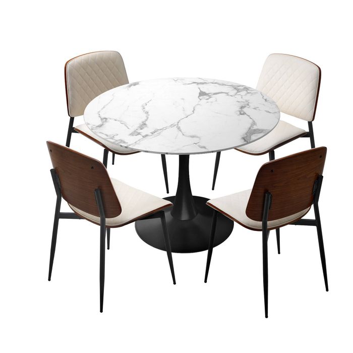 Oikiture Dining Table Set 90cm Round Dining Table and Chairs PU Leather White&Black