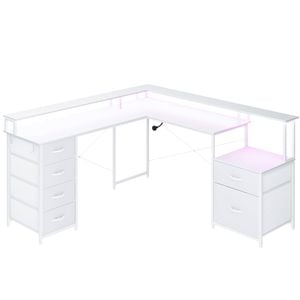 Advwin L Shaped Gaming Desk with LED Lights & Power Outlets Convertible 275cm Long 2 Person Computer Desk White