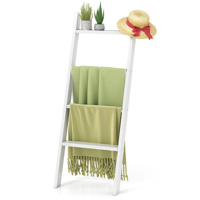 Costway 4-Tier Wall Leaning Blanket Ladder Wood Blankets Holder Rack Bathroom Living White