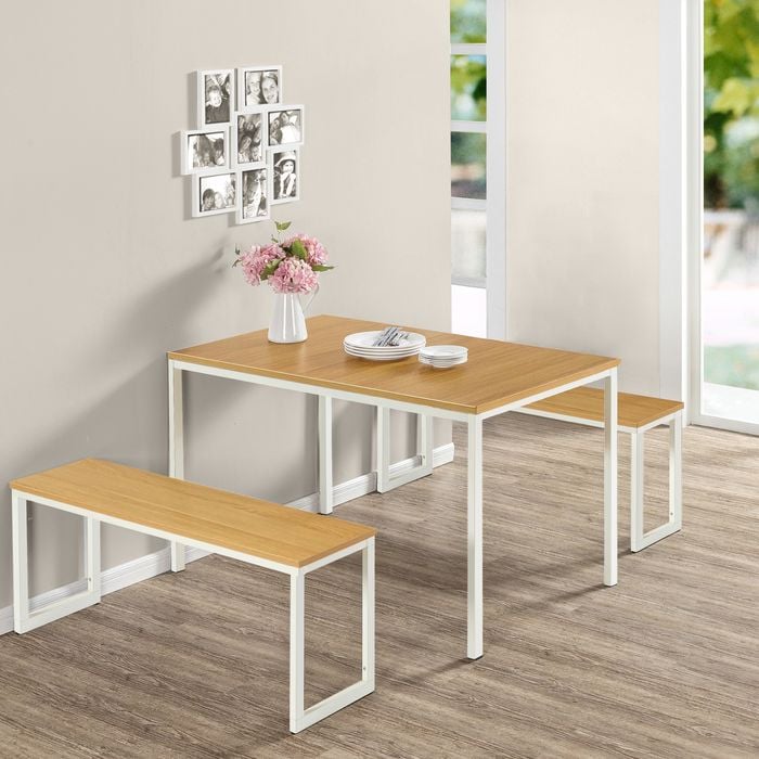 Zinus Louis Dining Table with Two Benches - 3 Piece Dining Table Set - White