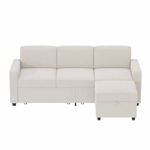 Ufurniture 197cm 3-Seater Sofa L-Shaped Sectional Lounge Corner Couch with Drawer & Storage Ottoman Corduroy Beige