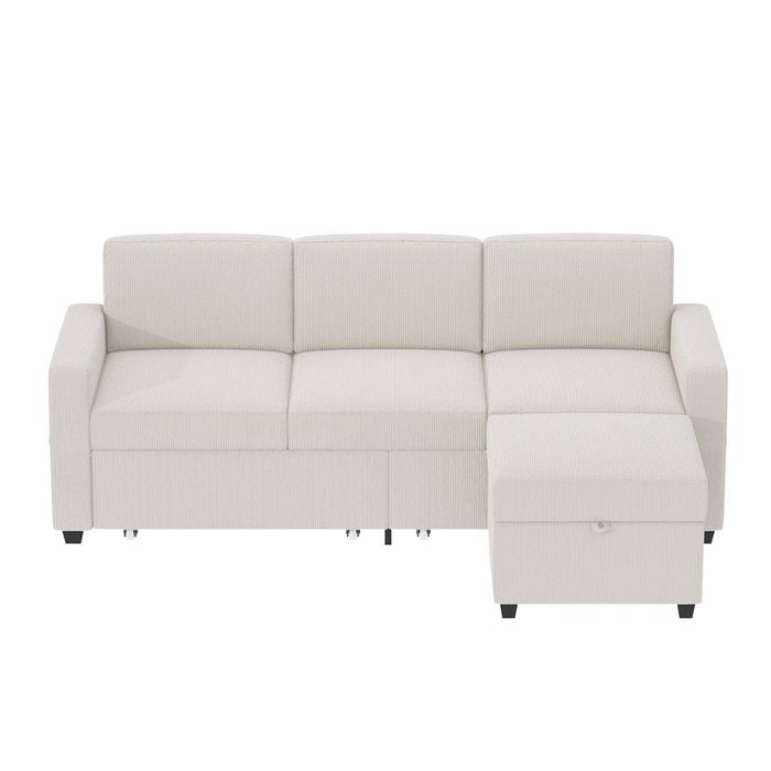 Ufurniture 197cm 3-Seater Sofa L-Shaped Sectional Lounge Corner Couch with Drawer & Storage Ottoman Corduroy Beige