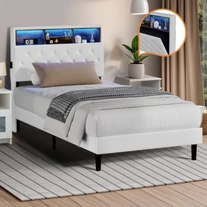 Oikiture Bed Frame King Single with LED Storage Headboad NOVI