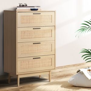 Homfurn 4 Drawer Rattan Tallboy, Clothes Storage Cabinet, Lowboy Nightstand, Bedroom Living Room Hallway Entryway Furniture
