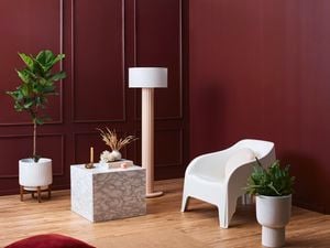 A lounge room with a chair, pot plants, lamp and table in it.